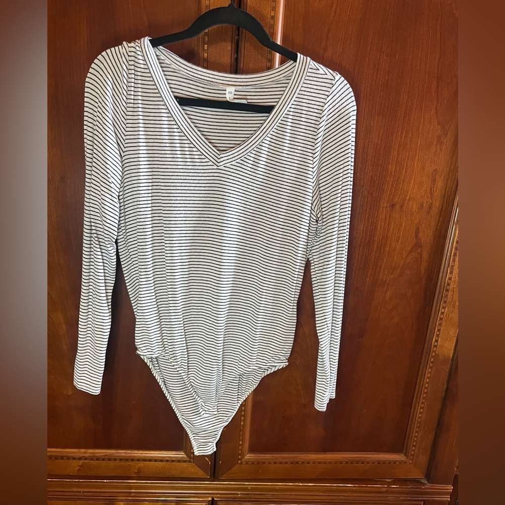MTS Black and White Striped V-Neck Bodysuit